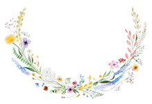 Round Frame Made Of Watercolor Wildflowers And Leaves, Wedding And Greeting Illustration