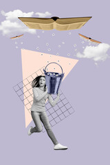 Creative collage of trouble school child catch falling rain drops from damage textbook isolated sky paint background