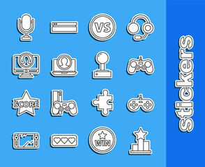 Poster - Set line Star, Gamepad, VS Versus battle, Create account screen, Microphone and Joystick for arcade machine icon. Vector