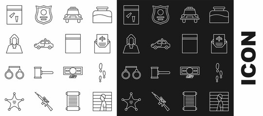 Canvas Print - Set line Suspect criminal, Footsteps, Subpoena, Police car and flasher, Judge, Evidence bag bullet and Plastic with ziplock icon. Vector