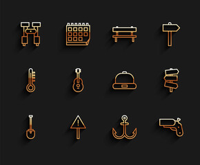 Sticker - Set line Shovel, Exclamation mark in triangle, Binoculars, Anchor, Flare gun pistol, Guitar, Road traffic signpost and Beanie hat icon. Vector