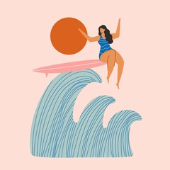 Vector illustration with woman riding blue ocean wave on pink surfboard. Summer surfing apparel print design