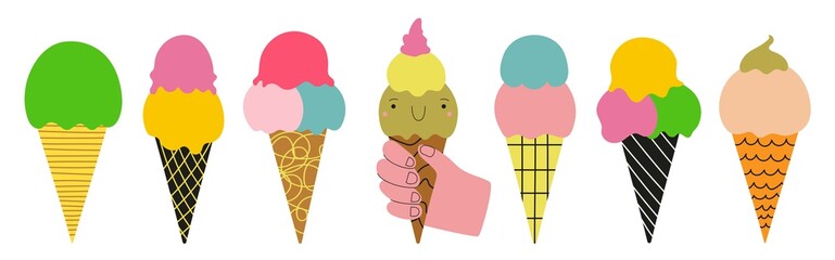 Wall Mural - Vector set of cute hand drawn style ice cream cones. Hand holding colored ice cream with smiling face. Home and cafe decoration poster, summer sweet food sticker collection, apparel print design