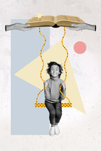 Creative Collage Of Happy Clever School Child Swing Rope Support Two Rope Textbook Isolated Surreal Image Background