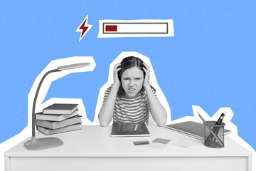 Poster - Sketch collage of white black filter schoolchild sit table bored low energy battery isolated blue color background