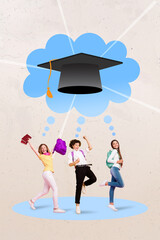 Poster - Vertical collage image of three funny excited small people think graduation big painted bubble isolated on creative background