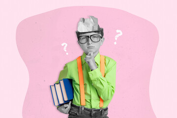 Sticker - Exclusive painting magazine sketch image of serious thoughtful schoolkid thinking question answer isolated pink background