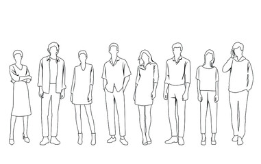 Vector silhouettes of  men and a women, a group of standing  business people,  linear sketch, black and white color isolated on white background