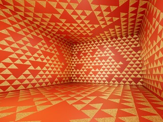 Poster - abstract background room made of beige and red triangles for product advertising and text placement. 3d render. 3d illustration