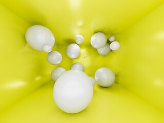 Poster - 3d yellow room with big white spheres inside. Wide angle. Background design 3d image