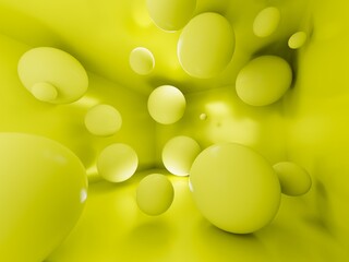 Poster - 3d yellow room with big color spheres inside. Wide angle. Background design 3d image