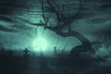 Halloween Background With Old Tree And Tombstones In Dark Cemetery