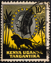 KENYA, UGANDA AND TANGANYIKA - CIRCA 1935: A Stamp Printed In East Africa Showing Image Of A Lion And Palm Trees Against The Portrait Of King George V, Circa 1935.