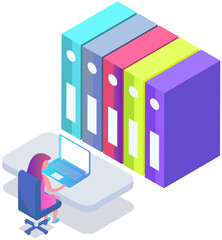 Poster - Secretary or administrator surfing web sites and looking for information sitting at table with computer works with document. Digital services, Internet program technology. Girl using worldwide network