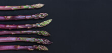 Asparagus. Fresh Organic Purple Asparagus On Black Slate Background. Top View. Copyspace.