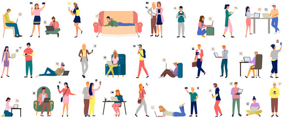 Poster - Global data sharing concept of young people using mobile smartphone to share posts and news in social networks. Man and woman holds smart phone to make repost of video news, listening to music