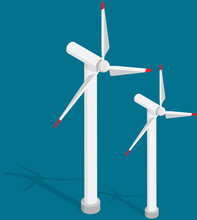 Wind Turbines Power Plant, Construction With Big Propeller. Alternative Renewable Sustainable Wind Park Power Generation, Green Energy Concept. Vector Windmill With White Vanes, Green Electricity