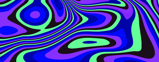 Poster - Op-art psychedelic background with distorted and wavy lines and curves. The 60s and 70s hippie style.