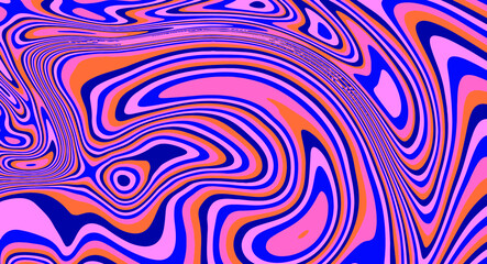 Poster - Trippy glitch background in style of psychedelic 60s and 70s parties with bright acidic colors and a winding geometric wavy pattern.