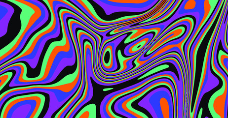 Poster - Trippy glitch background in style of psychedelic 60s and 70s parties with bright acidic colors and a winding geometric wavy pattern.