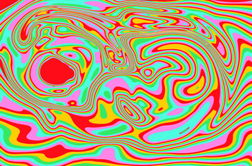 Poster - Trippy glitch background in style of psychedelic 60s and 70s parties with bright acidic colors and a winding geometric wavy pattern.