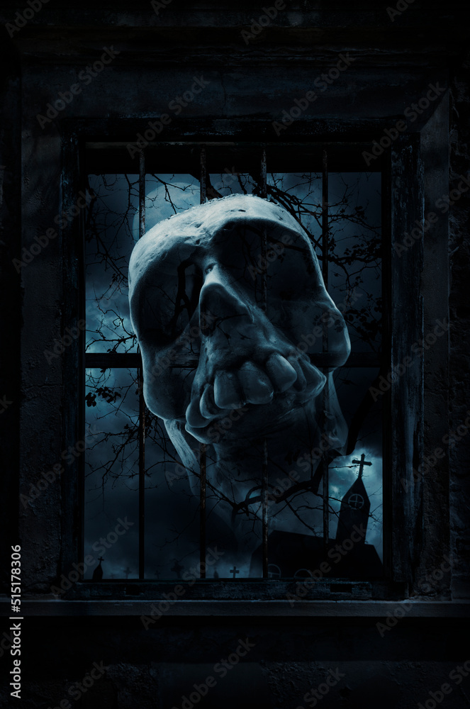 Human skull in old damaged wood window with wall over cross, church, birds, dead tree, full moon and spooky cloudy sky, Halloween mystery concept
