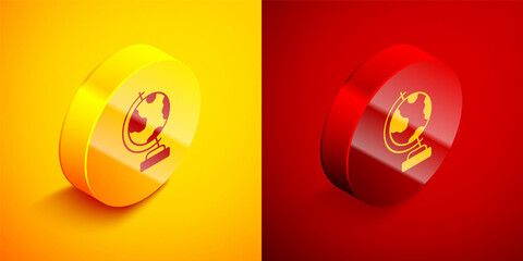 Poster - Isometric Earth globe icon isolated on orange and red background. Circle button. Vector