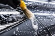 car wash employee thoroughly washes a modern car with a dedicated washing brush