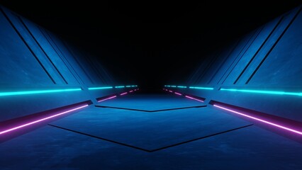 Wall Mural - 3d rendering of spaceship corridor neon glowing blue purple background futuristic. cyberpunk concept