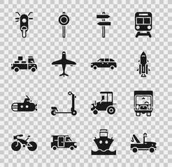 Canvas Print - Set Tow truck, Delivery cargo, Rocket ship with fire, Road traffic signpost, Plane, Scooter and Hatchback icon. Vector