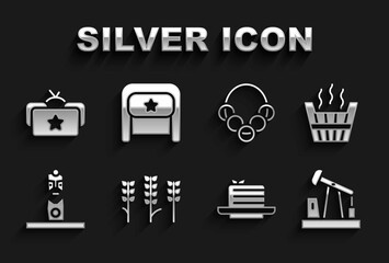 Sticker - Set Wheat, Sauna bucket, Oil pump or pump jack, Medovik, Slavic pagan idol, Russian bagels, Ushanka and icon. Vector