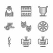 Set Comedy and tragedy masks, Ancient amphorae, Broken, Old wooden wheel, Torch flame, chariot, lyre and Socrates icon. Vector