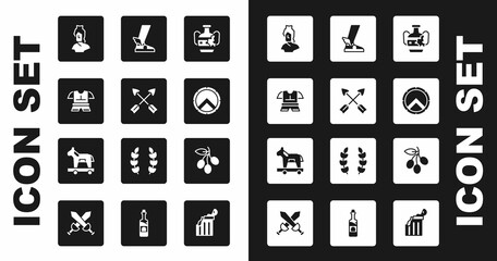 Wall Mural - Set Broken amphorae, Crossed arrows, Body armor, Ancient bust sculpture, Greek shield, Hermes sandal, Olives branch and Trojan horse icon. Vector