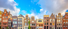 Amsterdam  Panoramic View Of Famous Amsterdam Houses - Background Isolated On White. Various Traditional Houses In The Historic Center Of Amsterdam. Amsterdam, Holland, Netherlands