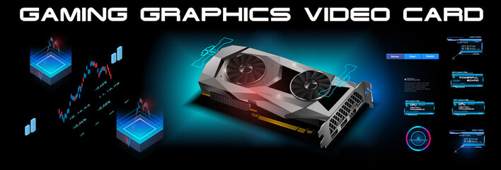Poster - realistic video card for computer in isometric view. video card for cryptocurrency mining or games. 