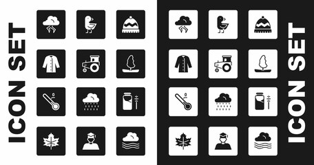 Poster - Set Winter hat, Tractor, Raincoat, Storm, Tree, Little chick, Jar of honey and dipper stick and Meteorology thermometer icon. Vector