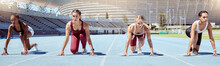 Group Of Determined Female Athletes In Starting Position To Begin A Sprint Or Running Race On A Sports Track In A Stadium. Focused And Diverse Women Ready To Compete In Track And Field Olympic Event