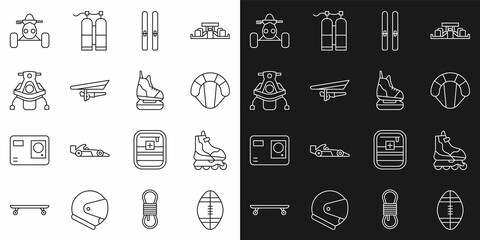 Wall Mural - Set line Rugby ball, Roller skate, Parachute, Ski and sticks, Hang glider, Snowmobile, ATV motorcycle and Skates icon. Vector