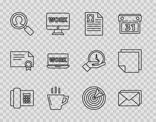 Sticker - Set line Telephone, Envelope, Resume, Coffee cup, Magnifying glass for search people, Laptop with text work, Target sport and Post note stickers icon. Vector