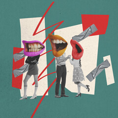 Wall Mural - Contemporary art collage. Ideas, imagination, art, surrealism. Group of people with female mouths instead their heads. Concept of social gathering, news