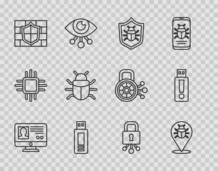 Sticker - Set line Create account screen, System bug, USB flash drive, Shield with brick wall, Cyber security and icon. Vector