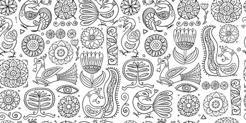 Poster - Magic birds and flowers. Vintage seamless pattern background for your design