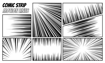 Wall Mural - Comic strip radial motion lines set. Anime comics book hero speed or fight action texture blast rays. Manga cartoon sharp drawing explosions background collection. Vector eps illustration