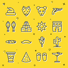 Canvas Print - Set line Margarita cocktail, Cactus, Huehuetl, Dog, Chichen Itza in Mayan, Maracas, Snake and Sun icon. Vector