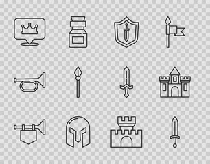 Canvas Print - Set line Trumpet with flag, Medieval sword, shield, iron helmet, Location king crown, spear, Castle, fortress and icon. Vector