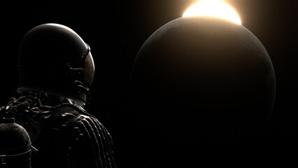 Wall Mural - 	
Astronaut looking at the moon. Cosmonaut in outer space. Sunlight.	
