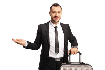 Sticker - Businessman with a suitcase pointing with hand