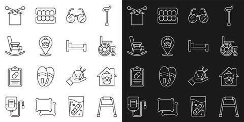 Canvas Print - Set line Walker, Nursing home, Wheelchair, Eyeglasses, Rocking, Knitting and Bed icon. Vector