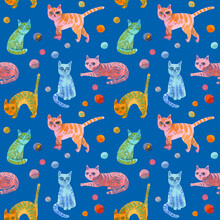 Seamless Pattern Of Bright Colorful Cats Painted In Watercolor In Sketch Style On A Blue Background. For Fabric, Sketchbook, Wallpaper, Wrapping Paper.