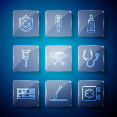 Wall Mural - Set line Monitor with cardiogram, Medical surgery scalpel, symbol of the Emergency, Ointment cream tube medicine, Stretcher, Crutch crutches, Life insurance hand and Stethoscope icon. Vector